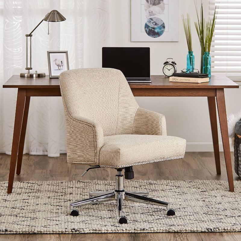 Stoneware Beige Twill Fabric Swivel Office Chair with Fixed Arms