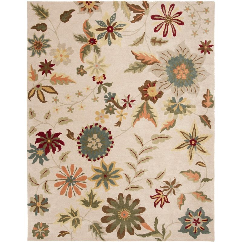 Ivory and Sage Floral Handmade Wool Area Rug, 7'6" x 9'6"