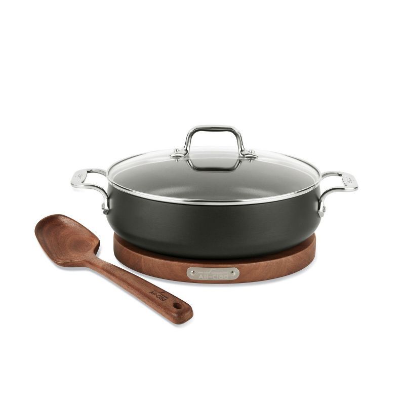 Nonstick Aluminum Sauteuse Pan with Acacia Spoon and Lid, 4 Quart