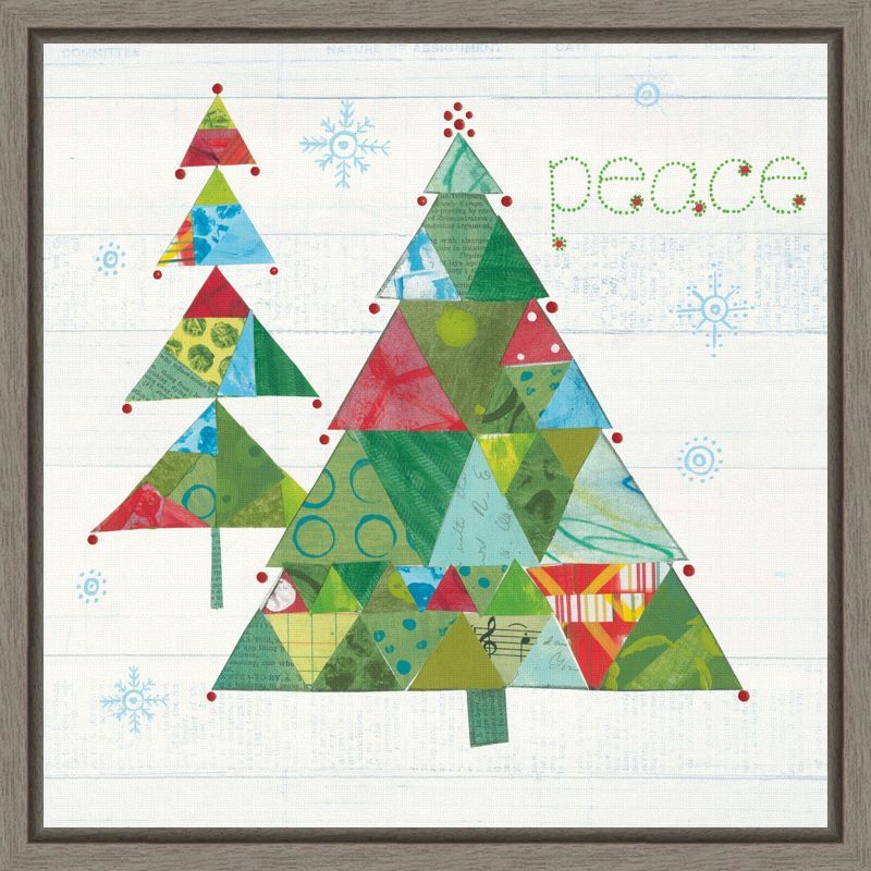 Christmas Patchwork Tree Canvas Wall Art with Grey Frame