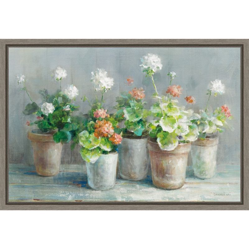 Farmhouse Geraniums in Vases Canvas Wall Art with Grey Frame