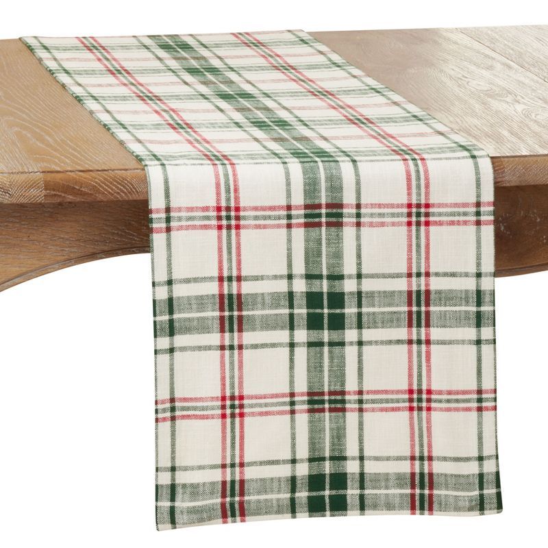 White and Green Plaid Cotton Table Runner