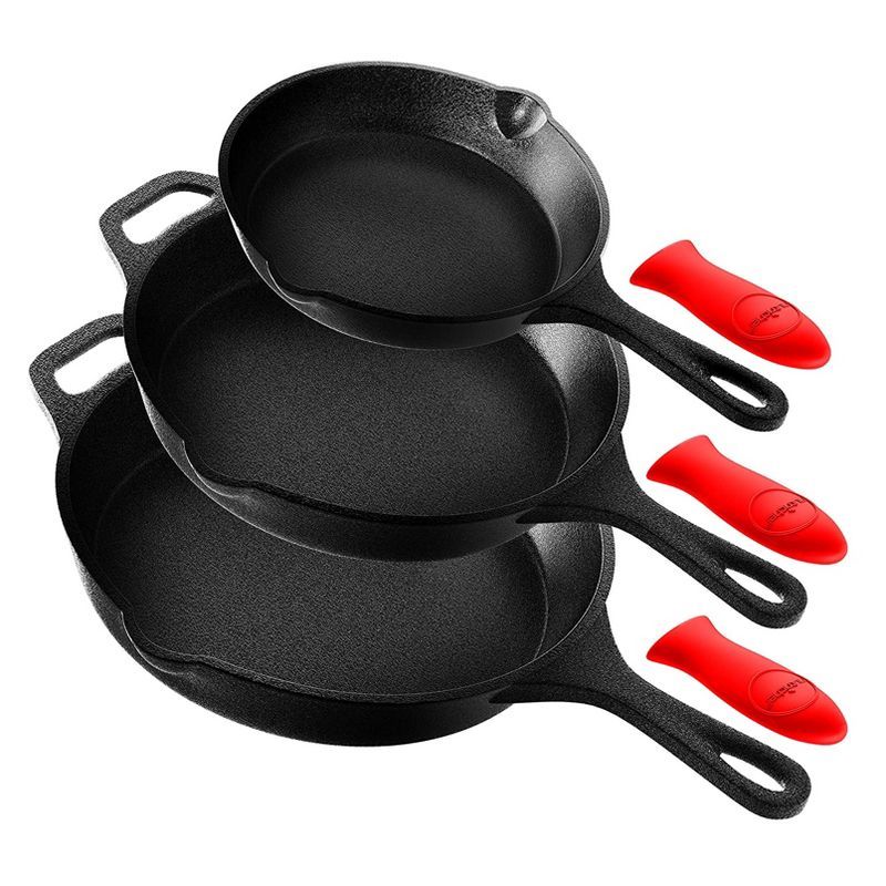 NutriChef 3-Piece Black Cast Iron Skillet Set with Red Silicone Handles