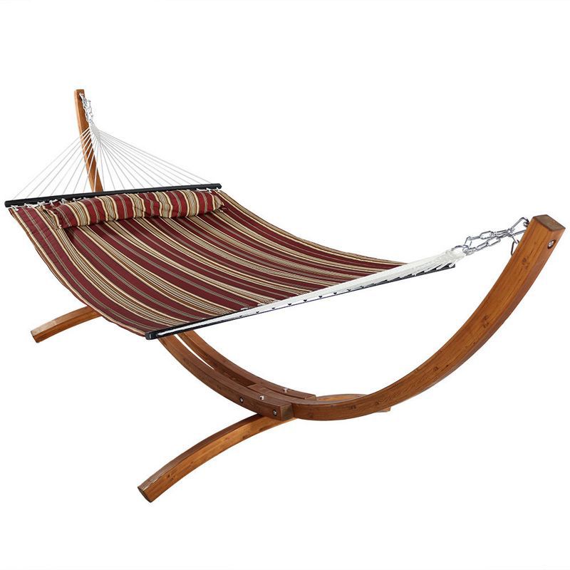 Red Stripe Quilted Double Hammock with Curved Wood Stand