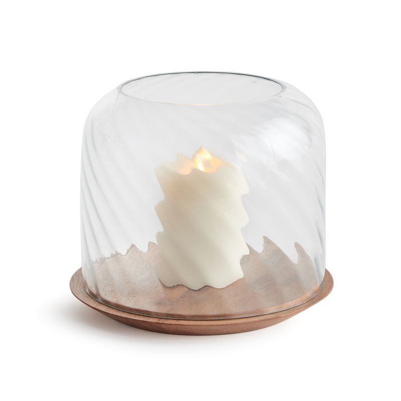Medium Clear Glass and Acacia Wood Hurricane Candle Holder