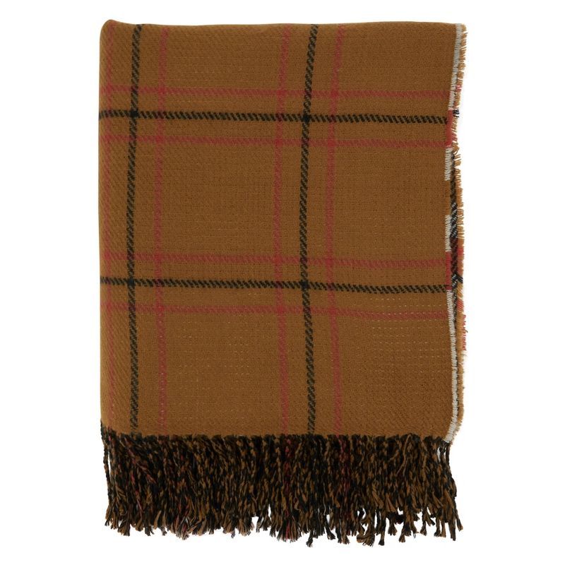 Rust Plaid Reversible Acrylic Throw Blanket with Fringe