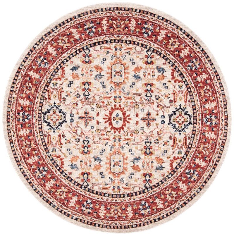 Charleston Ivory and Red Round Synthetic Area Rug, 6'7"