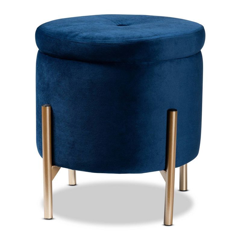 Navy Blue Velvet Tufted Round Storage Ottoman with Gold Metal Legs