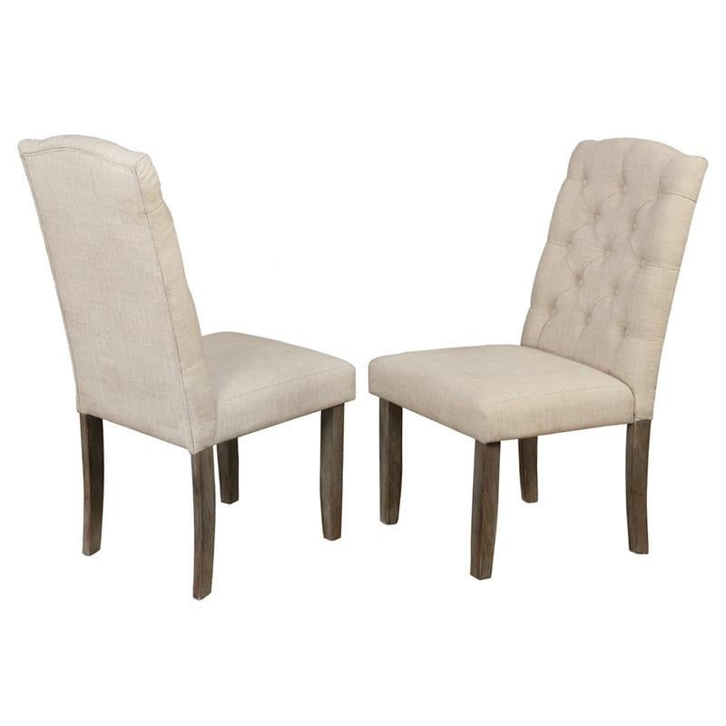 Beige Linen Upholstered Tufted Parsons Side Chairs with Wood Legs