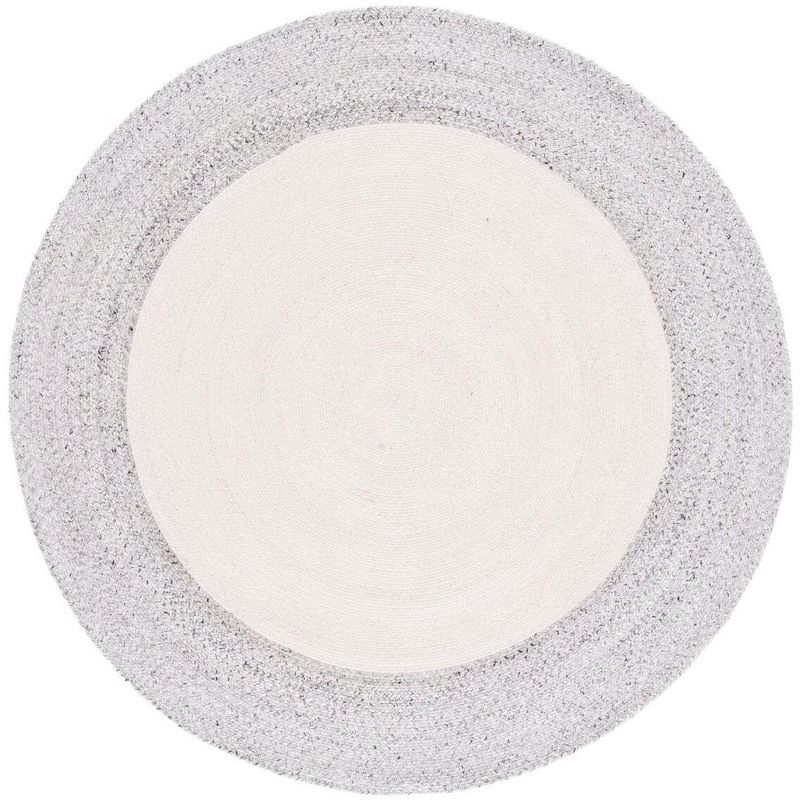 Ivory and Light Grey Abstract Braided Round Rug, Handmade 3ft
