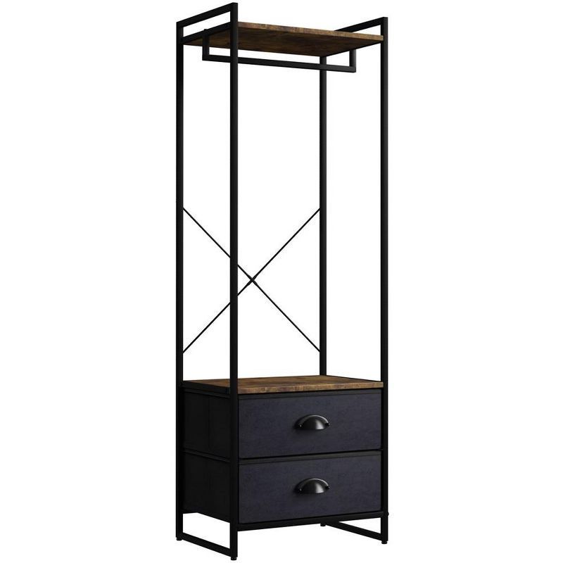 Portable Black Steel and Wood Garment Rack with Drawers