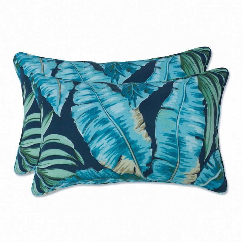 Set of 2 Midnight Blue Botanical Lumbar Throw Pillows