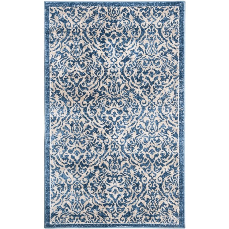 Navy and Cream 3' x 5' Synthetic Damask Area Rug