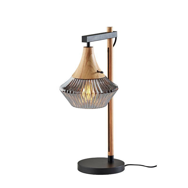 Elsie Black and Natural Wood Table Lamp with Ribbed Glass Shade