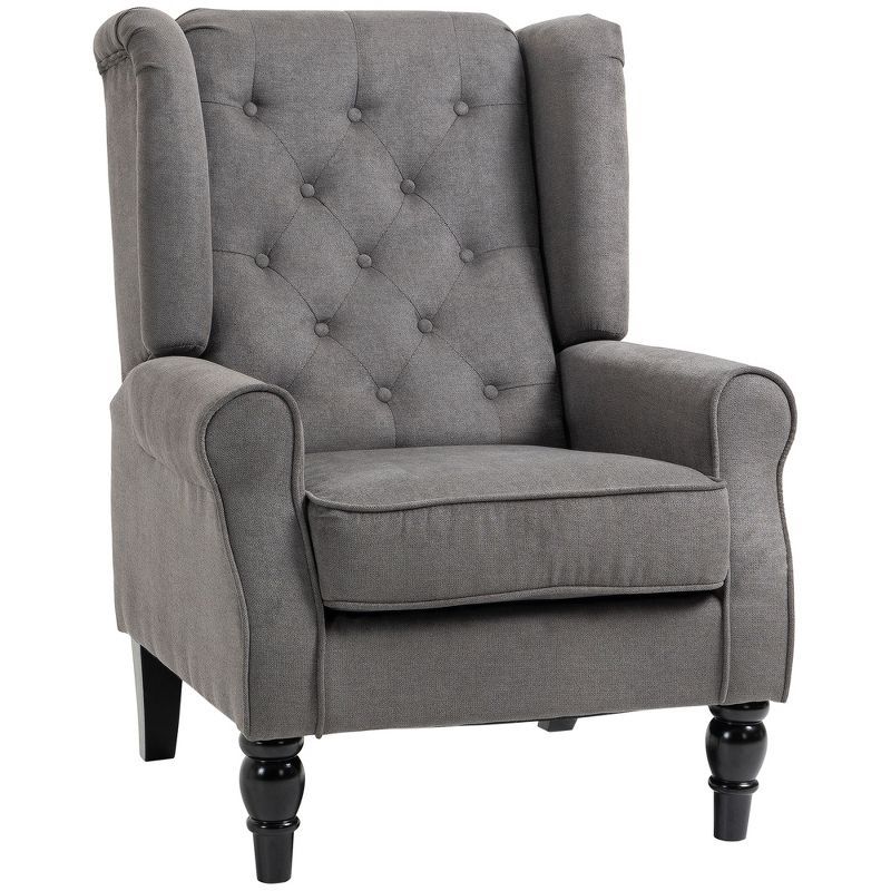 Dark Gray Button-Tufted Wingback Accent Chair with Wood Legs