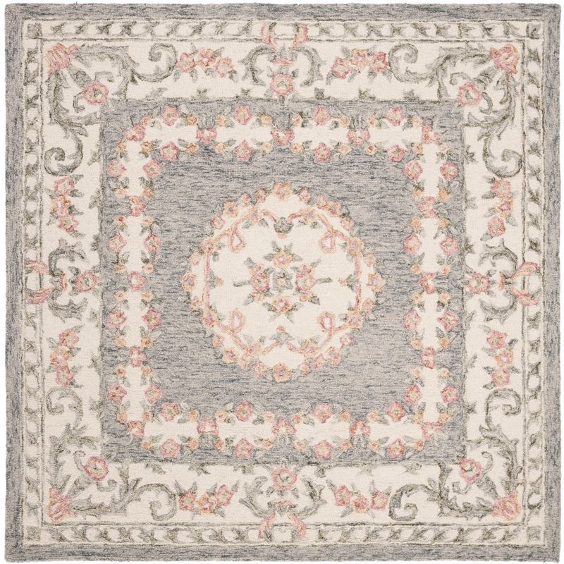 Gray and Ivory Handmade Wool Medallion Area Rug, 5' x 5'