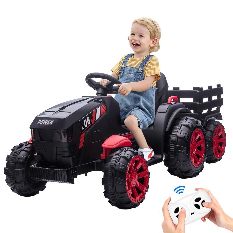 12V Red Kids Ride-On Tractor with Trailer and Dual Motors