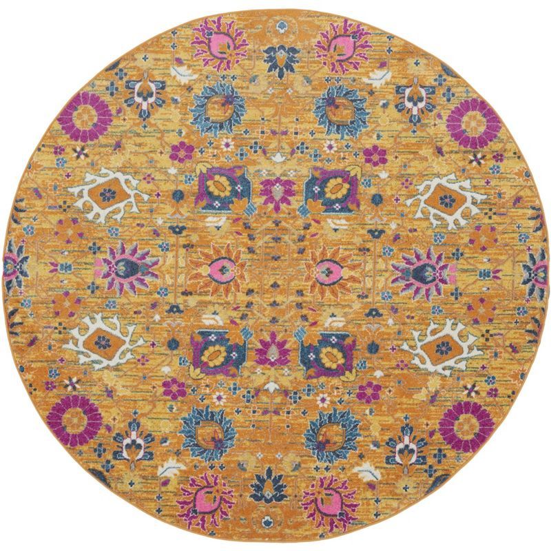 Sunburst Round Bohemian Floral Synthetic Area Rug, 8'