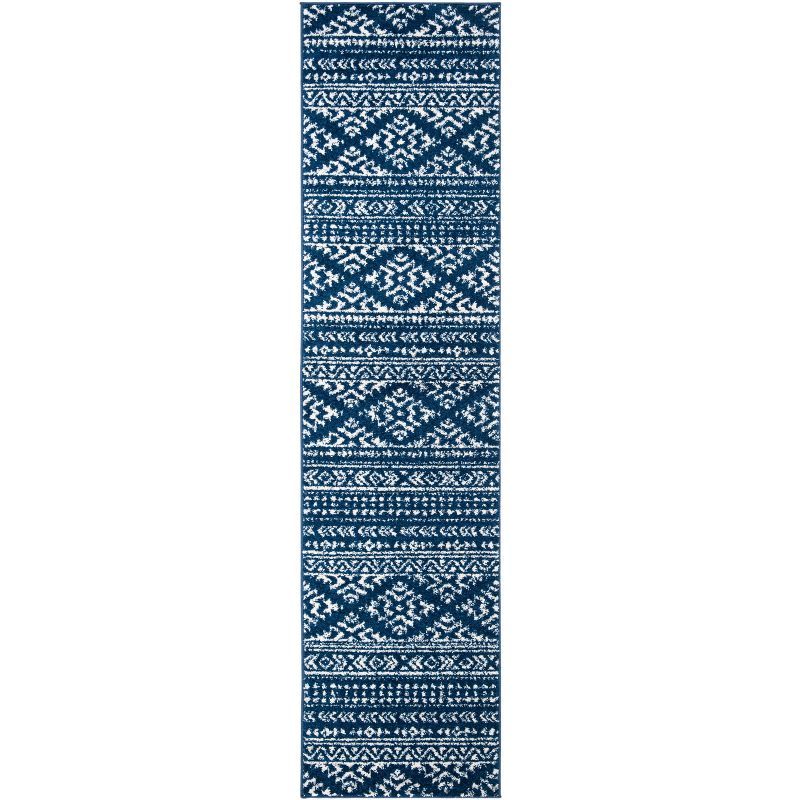 Ivory and Navy Geometric Hand-knotted Runner Rug