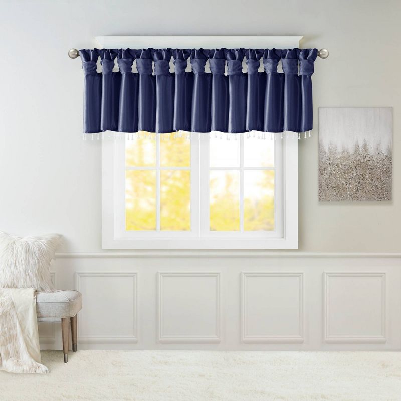 Navy Faux Silk Tab Top Valance with Beads