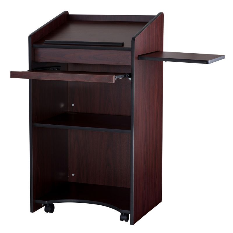 Mahogany Mobile Lectern with Shelves and Casters