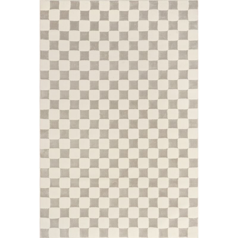 Cream and Gray Checkered Machine Washable Synthetic Area Rug, 3' x 5'