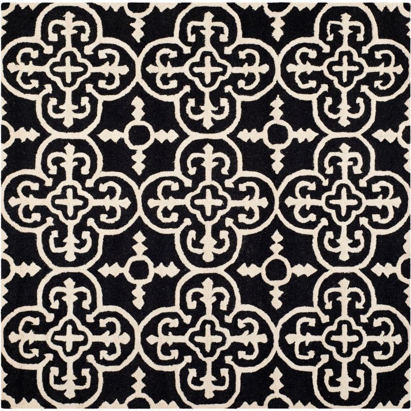 Hand-Tufted Black and Ivory Wool Square Rug