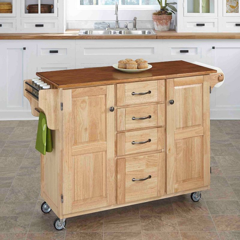 Natural Finish Granite Top Kitchen Cart with Storage and Spice Rack