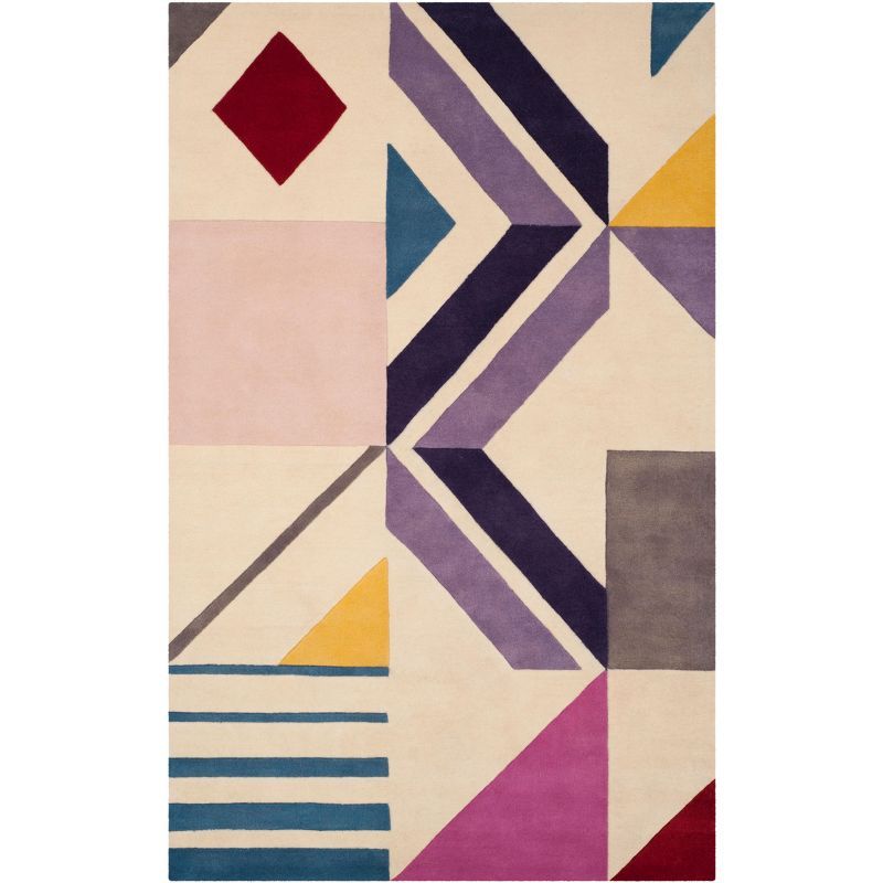 Ivory and Multicolor Geometric Wool Tufted Area Rug