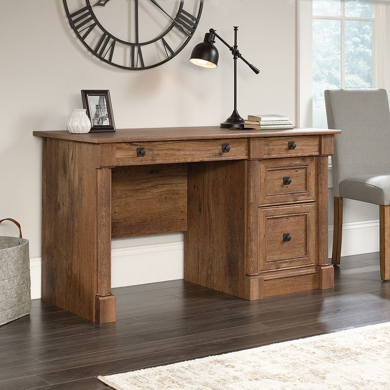 Vintage Oak Rectangular Computer Desk with Drawers and Keyboard Tray