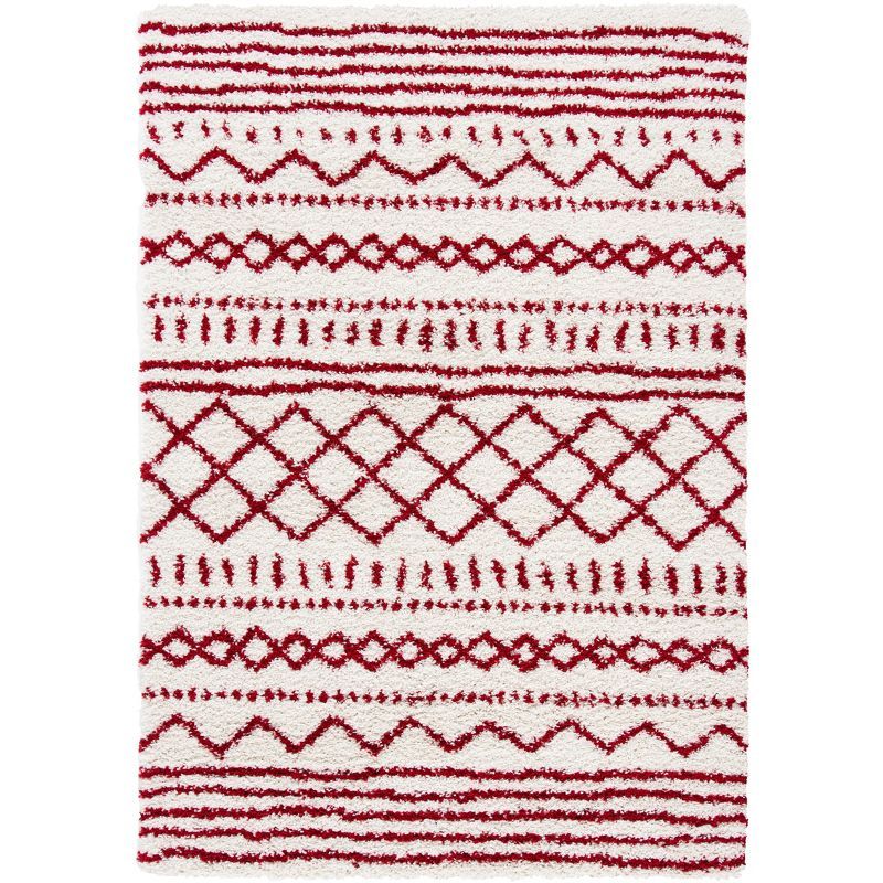 Ivory and Red Geometric Shag Area Rug 9' x 12'