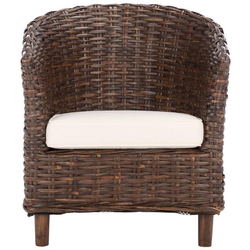 Transitional Rattan and Mango Wood Barrel Chair with Cushion - Brown