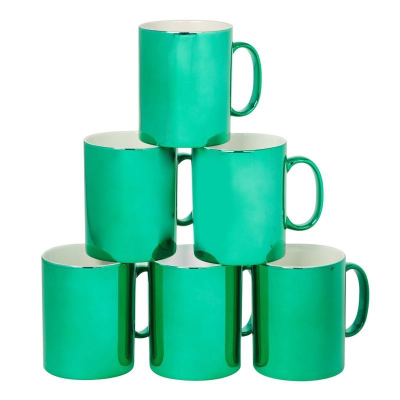 Set of 6 Green Metallic Ceramic Christmas Mugs