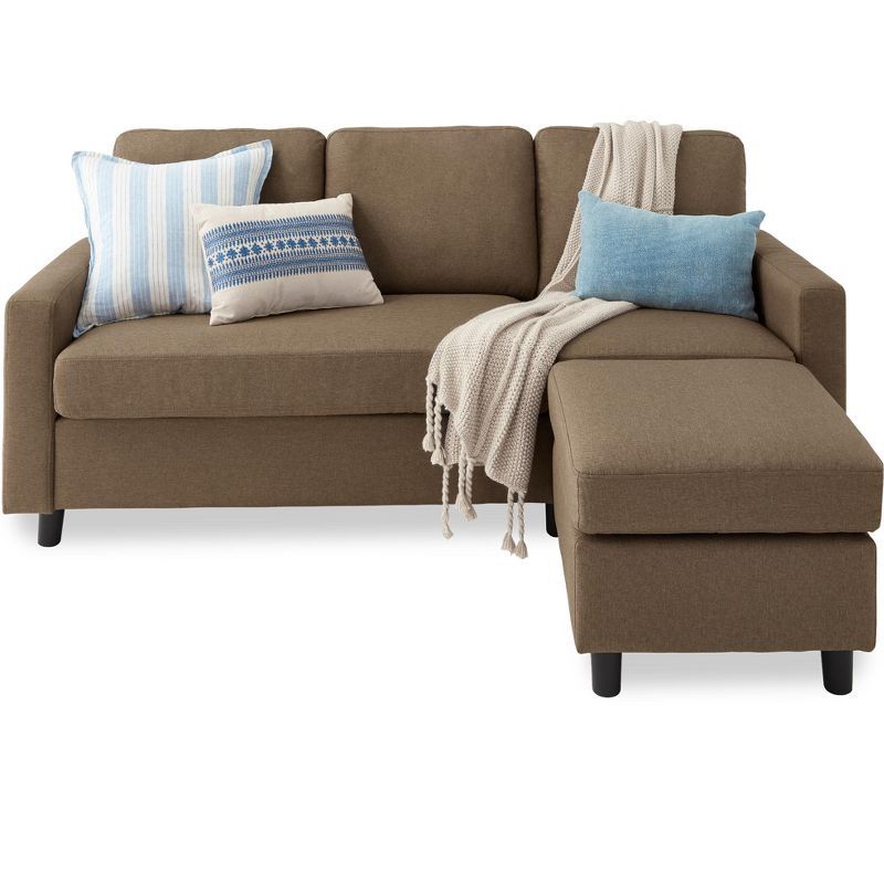 Brown Linen Sectional Sofa with Reversible Ottoman and Wood Frame