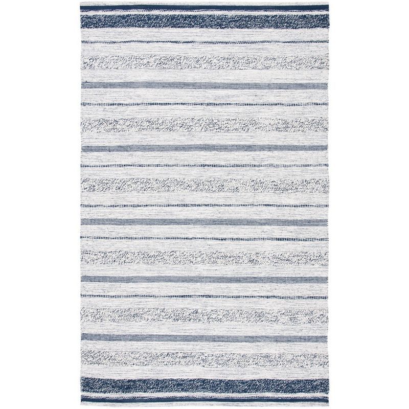 Ivory and Navy Striped Wool and Cotton 6' x 9' Area Rug