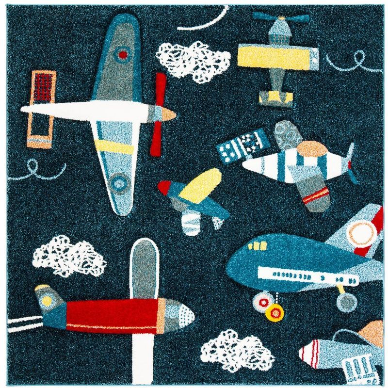 Handmade Blue Synthetic Square Kids Area Rug, 4 ft.