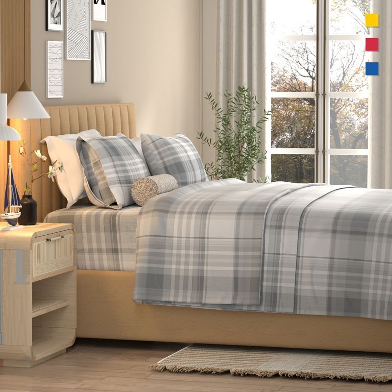 Twin Gray Cotton Percale Plaid 3-Piece Sheet Set