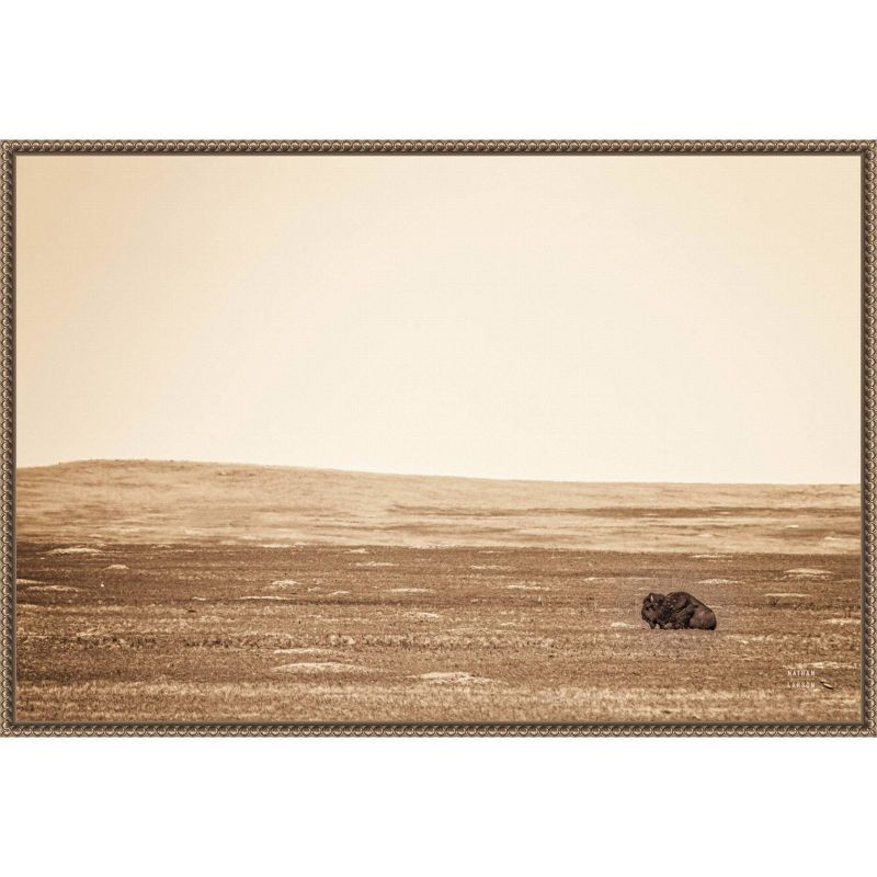 33" x 23" Sepia Bison Landscape Framed Canvas Wall Art