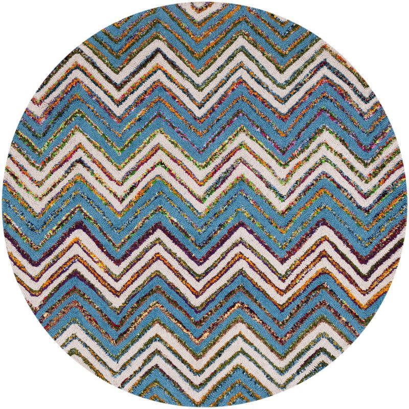 Hand-Tufted Round Wool and Cotton Rug in Vibrant Blue and Beige