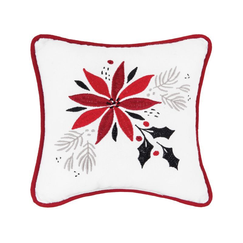 White Embroidered Poinsettia & Mistletoe Holiday Throw Pillow