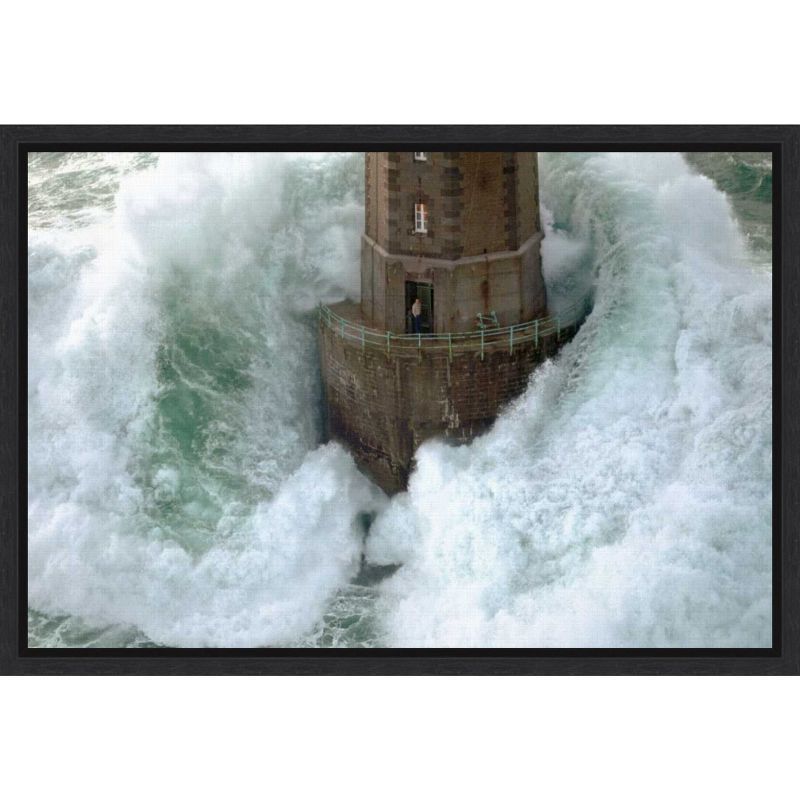 Stormy Lighthouse Lithograph on Canvas with Black Frame