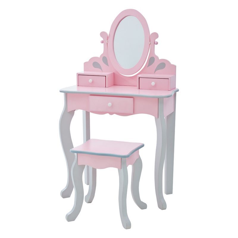 Princess Rapunzel Pink and Grey Wooden Vanity Set with Bench