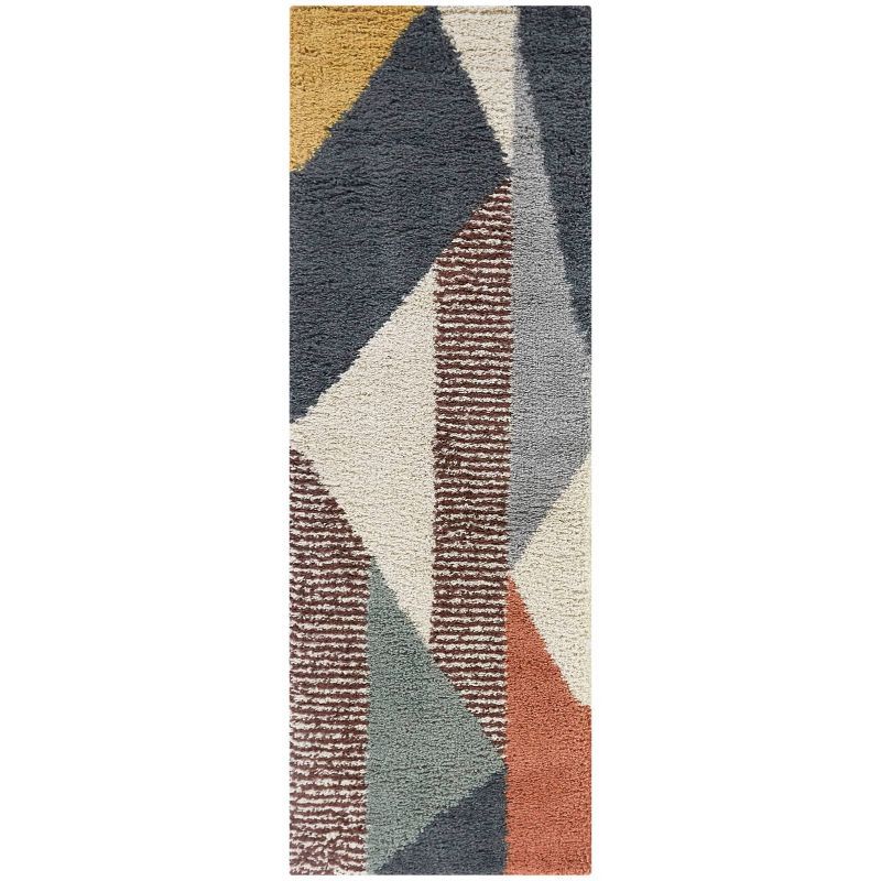 Navy and Multicolor Geometric Shag Runner Rug, 2'2" x 7', Synthetic