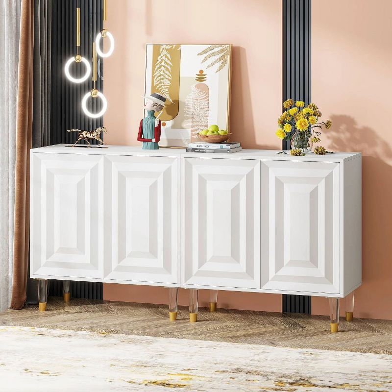 63" White High-Gloss Modern Sideboard Buffet with Acrylic Legs