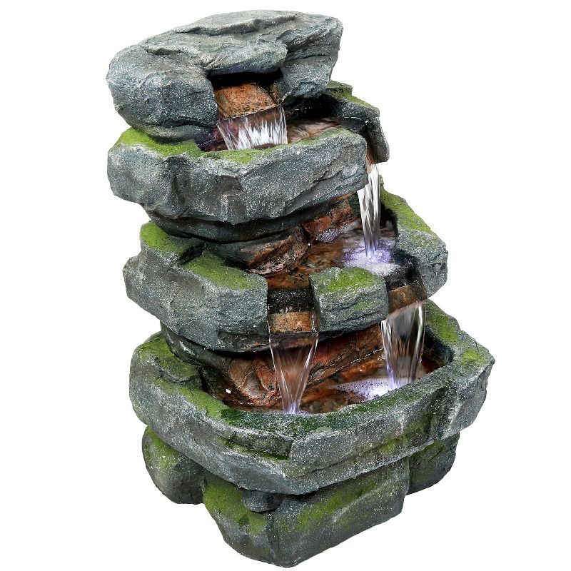 24" Gray and Green Polyresin Tiered Water Fountain with LED Lights