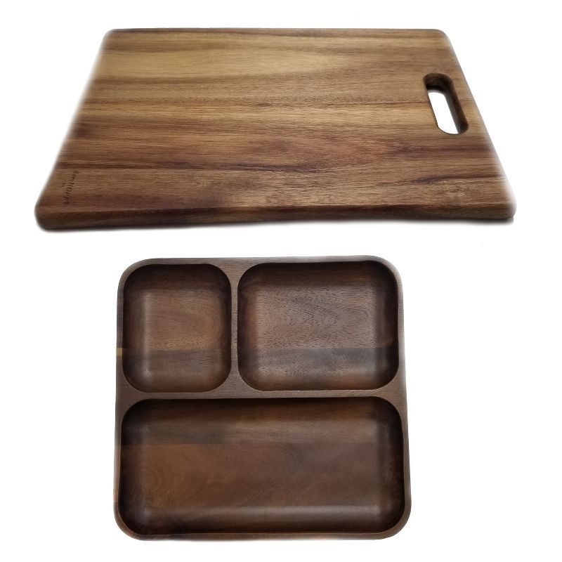 Acacia Wood 2-Piece Cutting Board and Divided Tray Set