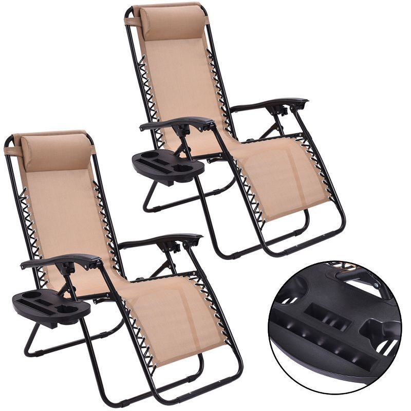 Beige Steel Frame Zero Gravity Lounger with Cushions and Cup Holder