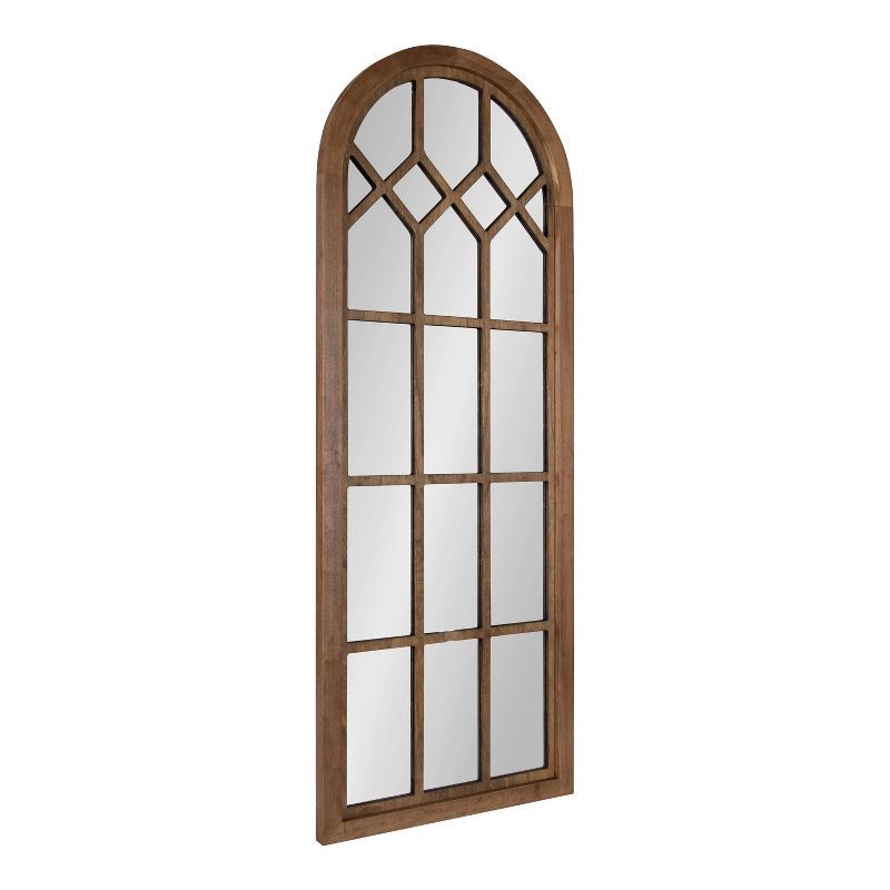 Rustic Brown Arch Wood Framed Windowpane Wall Mirror, 18 x 47