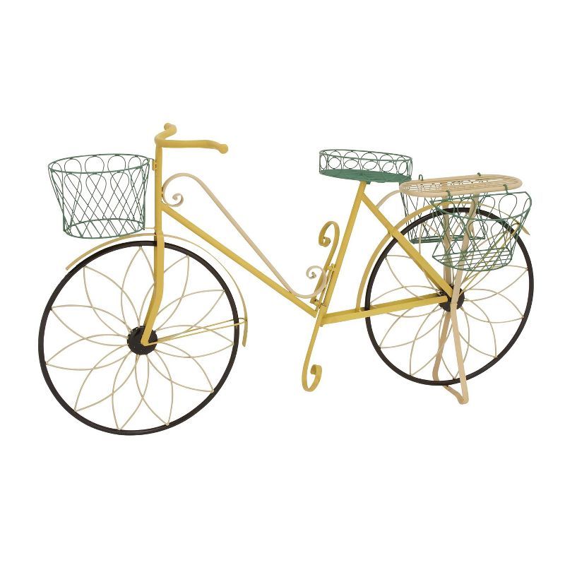 Yellow Iron Bicycle Plant Stand with Baskets and Saddle Bags