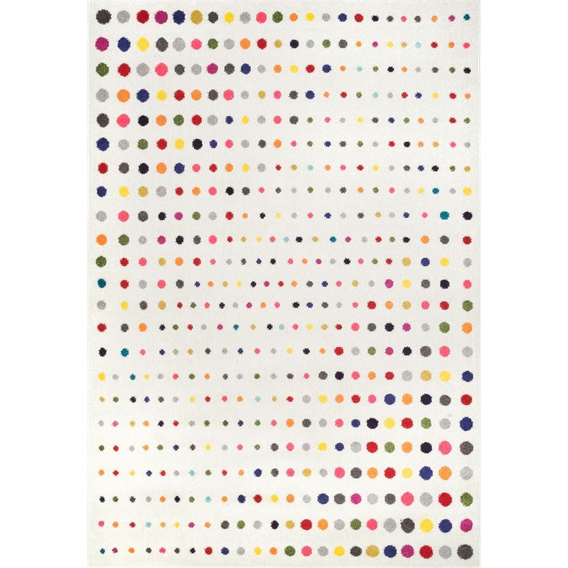 Ivory and Multicolor Synthetic 8' x 10' Rectangular Polka Dot Area Rug
